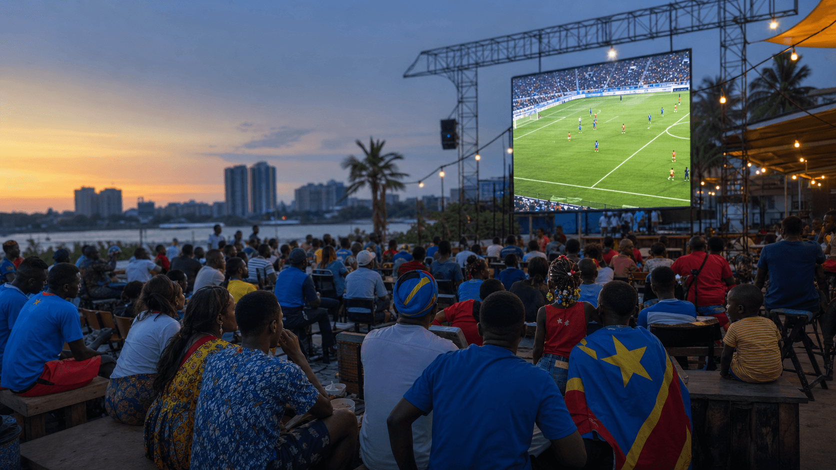 Supporters réunis dans une fan zone devant un match de football